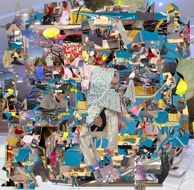 An abstract digital collage composed of fragmented, distorted images with dominant blue, yellow, and gray tones in a chaotic layered composition.