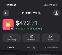 A mobile app screen showing a cryptocurrency wallet balance of '$422.71' with a gain of '+$335.34% ($325.61)', with buttons for Following, Receive, and Send.