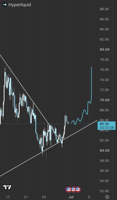 A candlestick chart of Hyperliquid ($HYPE) showing a bullish breakout from a descending trendline pattern, with price surging to around $76, supporting the post's claim of pursuing a new all-time high.