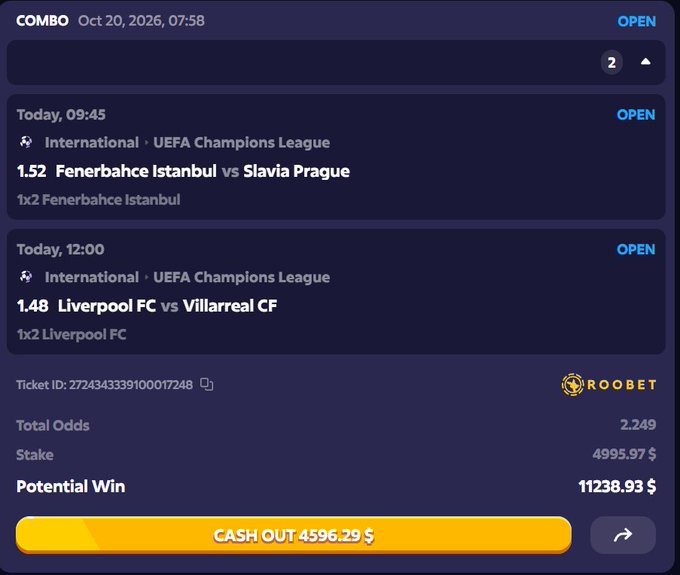 Screenshot of a Roobet sports betting combo with two UEFA Champions League 1X2 picks: Fenerbahçe Istanbul vs Slavia Prague at 1.52 and Liverpool FC vs Villarreal CF at 1.48, total odds 2.249, $4,995.97 staked, and $11,238.93 potential win. It shows a $4,596.29 cash-out button, matching the post’s request for Roobet usernames or SOL addresses in the hope the parlay wins.
