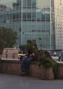 A person sits on a stone ledge in an urban plaza, focused on their phone beside a potted plant, with modern glass skyscrapers in the background—capturing a quiet moment of digital engagement that pairs well with a Tezos NFT collection promotion post offering "The Drift Logs" for 5.55 XTZ.