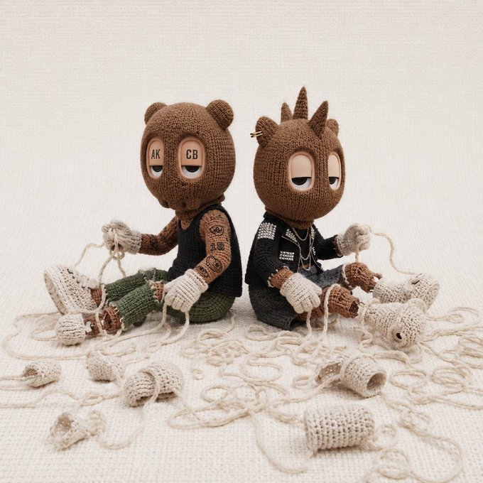 Two crocheted figures resembling the cast of Animal Crossing (labeled 'AK' and 'CB') sitting among yarn scraps.