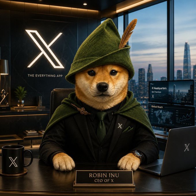 A digital artwork of a Shiba Inu dog dressed in a green Robin Hood-style hat and cloak, sitting at an executive desk with a nameplate reading 'ROBIN INU CEO OF X', alongside an X-branded mug and laptop.