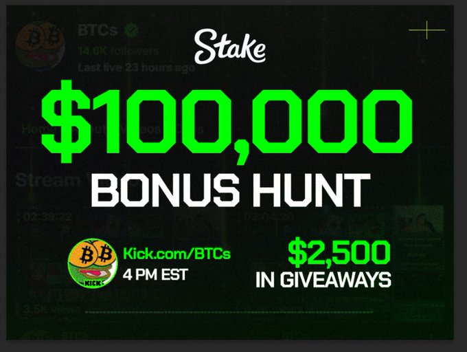 A promotional graphic for a "$100,000 Bonus Hunt" on Stake, hosted by BTCs on Kick.com/BTCs at 4 PM EST, featuring $2,500 in giveaways. The image ties to the post by encouraging viewers to guess the end balance of the $100,000 hunt shown in the thumbnail, with $1,000 prizes for the three closest guesses.