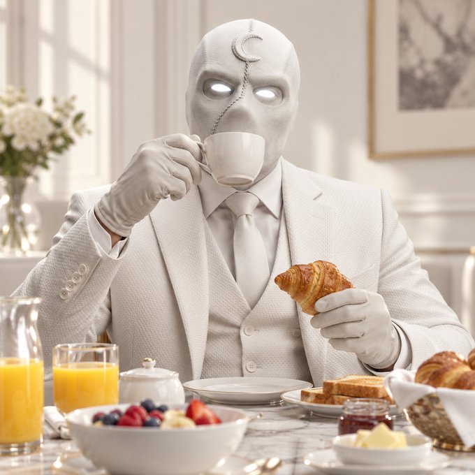 A surreal figure in an all-white suit, gloves, and a mask with a crescent moon emblem drinks from a teacup and holds a croissant at an elegant breakfast table laden with orange juice, berries, and pastries.
