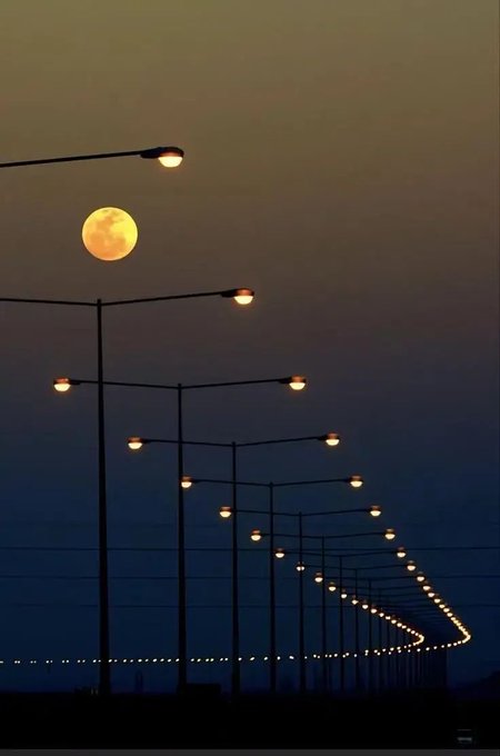 A twilight photograph of a full moon rising over a long row of illuminated streetlights curving into the distance along a roadway.