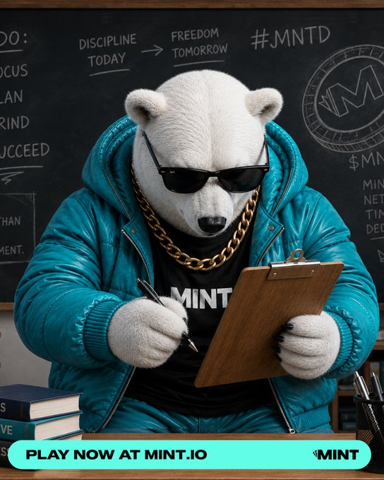 An advertisement featuring a polar bear mascot wearing sunglasses, a gold chain, and a blue puffer jacket holding a clipboard, with 'PLAY NOW AT MINT.IO' and the #MNTD branding visible.