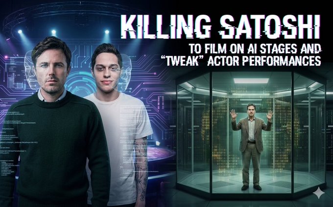 A promotional-style graphic titled "KILLING SATOSHI — TO FILM ON AI STAGES AND 'TWEAK' ACTOR PERFORMANCES" shows two men (appearing to be Charlie Shrem and Craig Wright) against a digital circuit backdrop, alongside an image of a man inside a glass enclosure. The image directly ties to the post's reference to the "Craig Wright Bitcoin: Killing Satoshi movie," amplifying concerns about AI-generated film production targeting the controversial BSV figure.