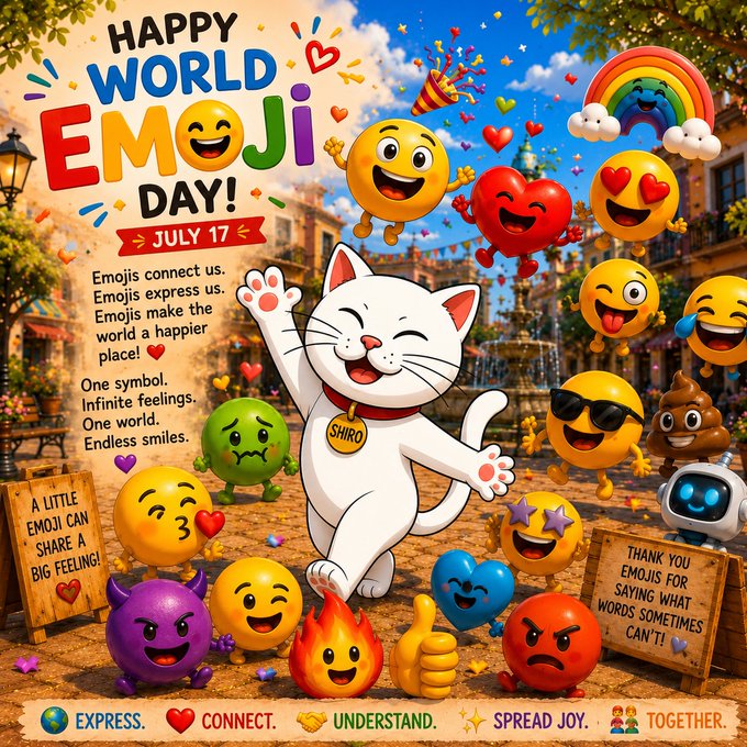 A cheerful white cat mascot named Shiro wearing a "SHIRO" tag celebrates World Emoji Day (July 17) at the center of a vibrant town square filled with expressive emojis including heart-eyes, sunglasses smiley, fire, thumbs up, and a poop emoji, with signs reading "A LITTLE EMOJI CAN SHARE A BIG FEELING!" and "THANK YOU EMOJIS FOR SAYING WHAT WORDS SOMETIMES CAN'T!" The image perfectly complements the post's message by visually capturing how one tiny symbol can convey infinite feelings, joy, and connection across the world.