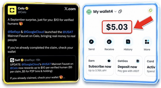 The image displays a tweet from Celo and a screenshot of a wallet showing $5.03, illustrating the $5 USAT reward from the Celo Mainnet Faucet launched by @Selfxyz & @GoogleCloud.
