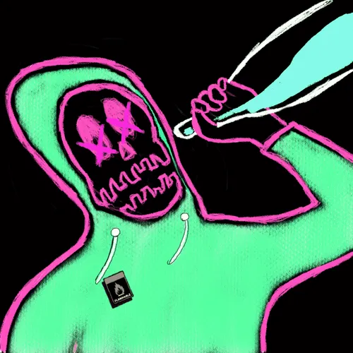 A neon green and pink reaper-like character with a skull face is drawing with a large turquoise feather quill, featuring a small NFT tag on its chest. The haunting skeletal figure visually represents the "rektguy" NFT collection sale, with the artwork's eerie aesthetic matching the degen crypto trading theme of the OpenSea transaction.
