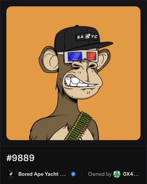 The image features a cartoon monkey wearing glasses, a hat, and sunglasses with a gun strapped across its back. The monkey appears to be bored and is wearing a number 9881. The post also mentions that the monkey is owned by someone named "Ox4".