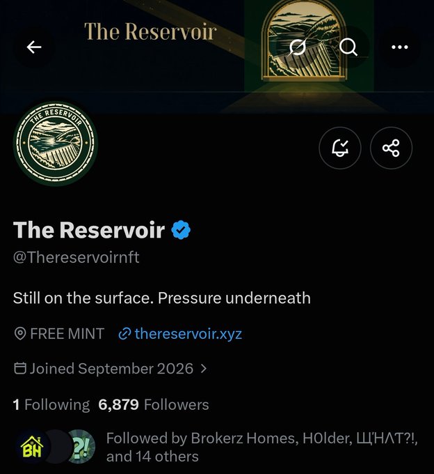 The image shows the X (Twitter) profile page of "The Reservoir" (@Thereservoirnft), a verified NFT account with 6,879 followers, advertising a free mint at thereservoi.xyz. The post caption advises adding @Thereservoirnft to watchlists as an upcoming opportunity despite the name including "reserve" and "broker," urging followers to be "Degen enough."