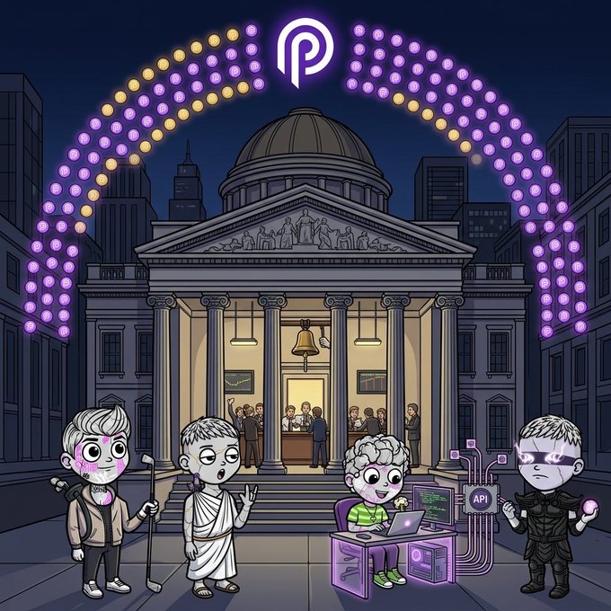 An illustrated cartoon scene of four characters in front of a classical building with columns and a dome; the characters appear to represent crypto figures, with a neon arch and 'P' logo above them.