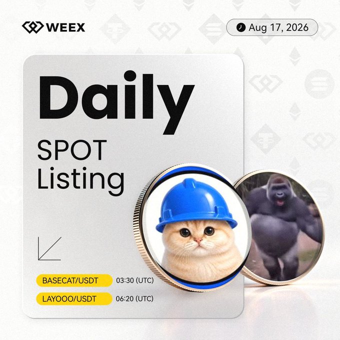 A WEEX cryptocurrency exchange announcement for 'Daily SPOT Listing' dated Aug 17, 2026, listing BASECAT/USDT at 03:30 (UTC) and LAYOOO/USDT at 06:20 (UTC), featuring a cat wearing a blue hard hat and a gorilla coin.