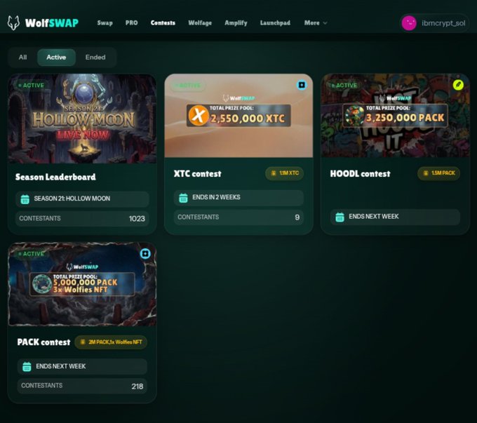 A screenshot of a website called "WolfSwap" displaying active contests including "Season Leaderboard," "XTC contest," "HOODL contest," and "PACK contest" with prize pools.