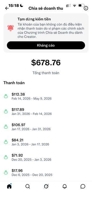 A Vietnamese mobile app screenshot showing revenue sharing (Chia sẻ doanh thu) with a total payment of $678.76 and a payment history listing amounts from December 2025 to May 2026.