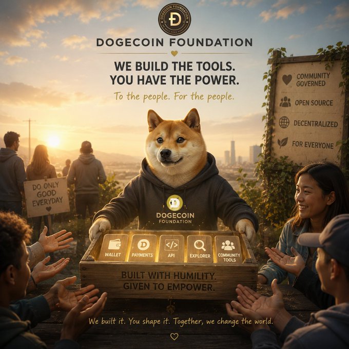 The image features a large brown dog wearing a hoodie, standing next to a group of people who are holding up signs with messages about the Dogecoin Foundation. The dog appears to be interacting with the crowd by holding out its paw as if to say "I'm here". The background shows a city skyline and a sunset, creating an atmosphere that complements the overall theme of the image.
