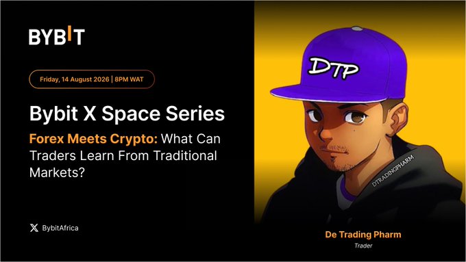 The image is a promotional graphic for a Bybit X Space Series event titled "Forex Meets Crypto: What Can Traders Learn From Traditional Markets?" scheduled for Friday, 14 August 2026 at 8PM WAT, featuring cartoon artwork of trader "De Trading Pharm" wearing a purple "DTP" cap and hoodie. This complements the post by announcing the live Twitter Space, where viewers can set a reminder to join the discussion about insights bridging forex and crypto trading.