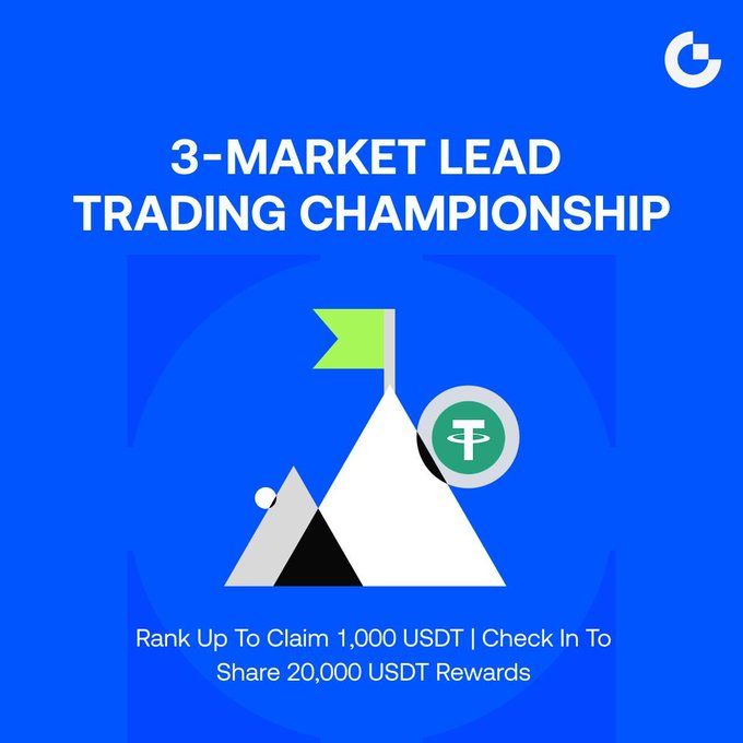 A promotional graphic for a "3-Market Lead Trading Championship" featuring mountain imagery with a green flag and Tether (USDT) token, advertising rewards of up to 1,000 USDT for top 10 leaderboard rankings and a shared 20,000 USDT prize pool for daily check-ins across Futures, CFD, and Stocks copy trading competitions.