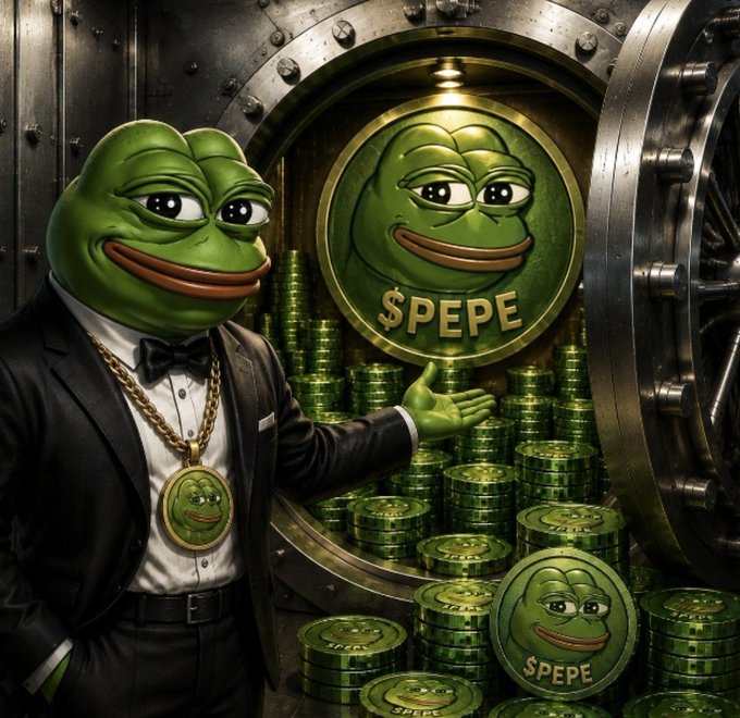 The image depicts a sophisticated Pepe the Frog mascot dressed in a tuxedo with a gold chain, standing beside an open vault overflowing with stacks of green coins emblazoned with "$PEPE" and the frog's face. This visually reinforces the post's message about a massive 4.54 trillion $PEPE token outflow from exchanges, symbolizing significant accumulation and investor confidence in the memecoin.