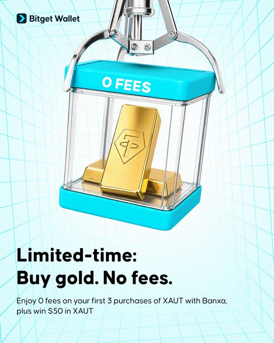 A Bitget Wallet promotional graphic features a robotic claw machine holding a gold bar marked with "0 FEES" inside a clear capsule, advertising a limited-time offer to buy XAUT gold through Banxa with no fees on the first three purchases and a chance to win $50 in XAUT, matching the post's zero-fee onramp campaign details.