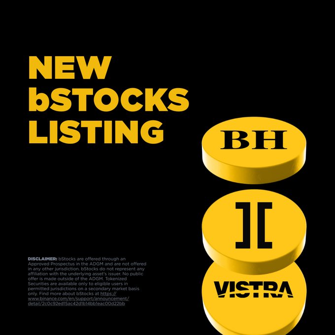 Promotional graphic announcing a “NEW bSTOCKS LISTING” in bold yellow text on a black background, alongside gold coin-like icons labeled “BH,” a stylized ticker symbol, and “VISTRA.” The image promotes new bStock markets and 24/7 Binance access, matching the listed pairs BOTB/USDT, BRKBB/USDT, KSTRB/USDT, TMFB/USDT, and VSTB/USDT.
