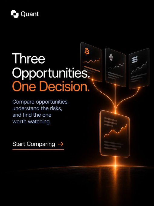 A sleek, dark-themed promotional graphic for "Quant" featuring three glowing data cards displaying Bitcoin (BTC), Solana (SOL), and Nvidia (NVDA) icons, all funneling into a single highlighted card below, with the headline "Three Opportunities. One Decision." and a call-to-action "Start Comparing" — visually representing the post's message of using Quant to compare and prioritize multiple assets rather than chasing trends.