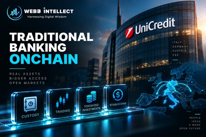 A promotional graphic from Web3 Intellect titled "TRADITIONAL BANKING ONCHAIN" features the UniCredit logo overlaid on its headquarters building, with icons highlighting custody, trading, tokenized investments, and stablecoins as key service categories. The image visually reinforces the post's message that major European banks like UniCredit (with $34B AUM and 20M+ customers) are exploring blockchain-based financial services, marking a significant shift as traditional finance moves onchain.