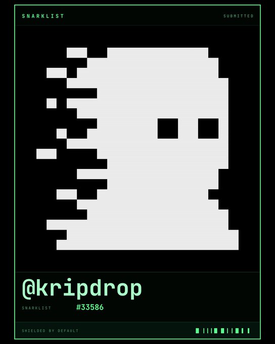 A pixel-art portrait of a person in a 'SNARKLIST' submission card labeled '@kripdrop' with ID #33586 and 'SHIELDED BY DEFAULT' tagline.