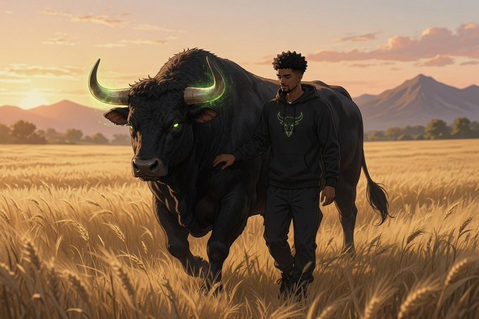 A man wearing a black hoodie walks through a golden wheat field alongside a large black bull with glowing green horns and eyes at sunset.