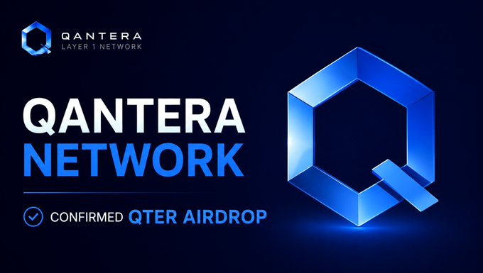 A promotional banner for the Qantera Network testnet airdrop, featuring the project's blue hexagonal "Q" logo and text announcing a confirmed QTER token airdrop, which aligns with the post's details about an 18% community allocation of the total QTER supply.