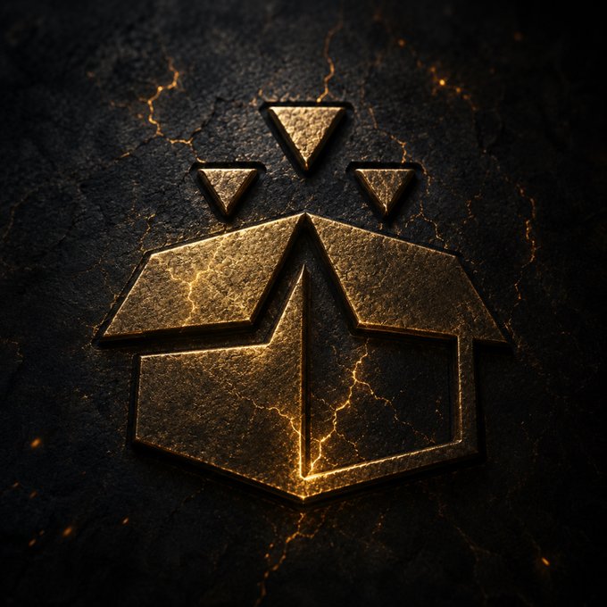 A logo for a video game with the theme of owning everything you earn, every step, and reward in a virtual world. The emblem consists of a golden box, outlined by a triangle shape, opened up revealing a circle within.