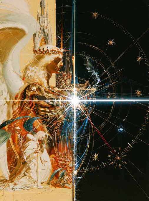 A split artistic composition showing a crowned, golden religious figure on the left and a dark, shadowy face on the right, separated by a bright starburst of light.