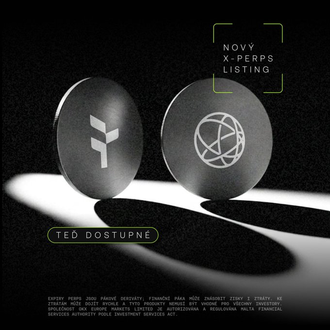 A promotional graphic displays two metallic coin-like tokens on a dark surface, with text reading 'NOVÝ X-PERPS LISTING' and 'TEĎ DOSTUPNÉ', along with Czech regulatory disclaimers for OKX Europe Markets Limited.