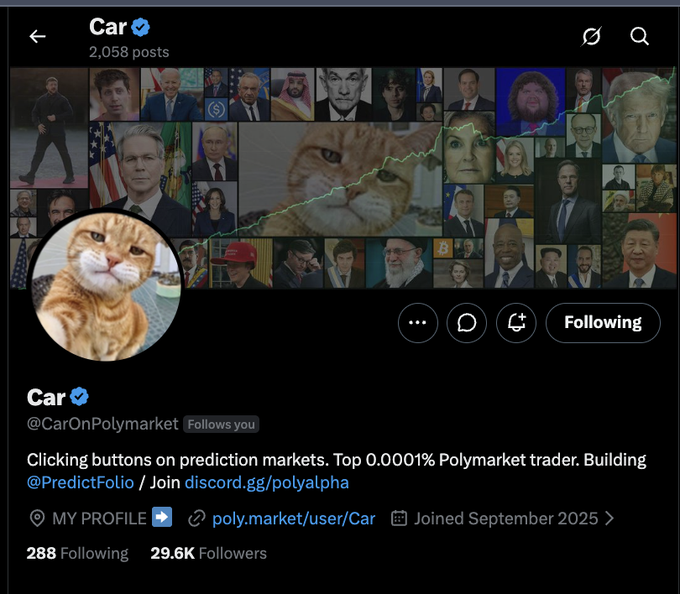 This is a screenshot of the Twitter profile of "Car" (@CarOnPolymarket), a top 0.0001% Polymarket trader, who appears to have lost their verified badge.