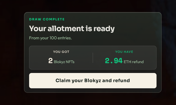 A dark-themed modal displays "DRAW COMPLETE - Your allotment is ready" confirming the user received 2 Blokyz NFTs with a 2.94 ETH refund from 100 entries, visually supporting the post's question about whether obtaining 2 NFTs from 3 ETH constitutes reasonable value.