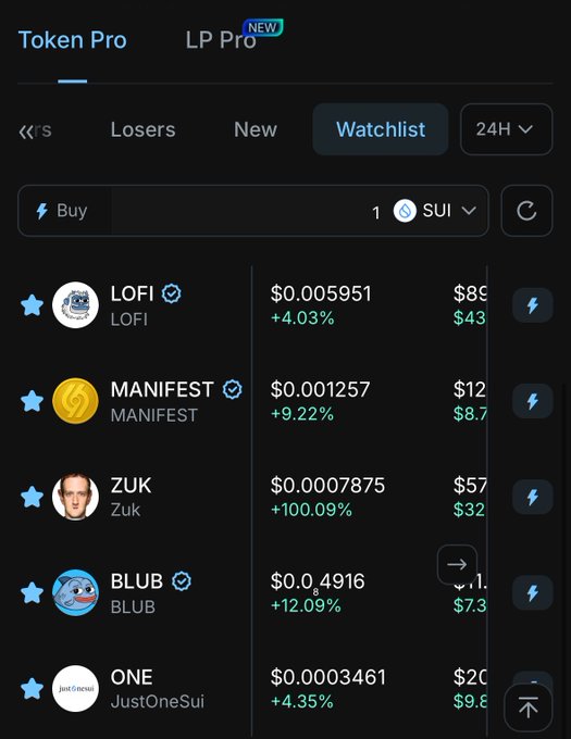 A cryptocurrency trading app screen showing a Watchlist of tokens including LOFI, MANIFEST, ZUK, BLUB, and ONE with their prices and 24-hour percentage changes.