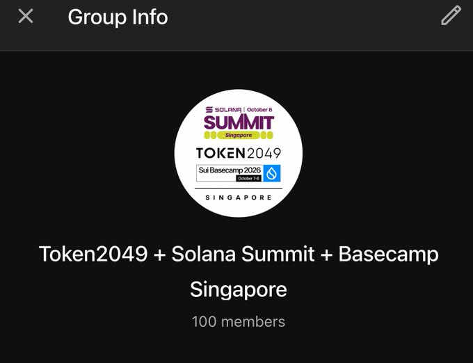 A "Group Info" screen displaying a logo for "Token2049 + Solana Summit + Basecamp Singapore" with "100 members" listed below.