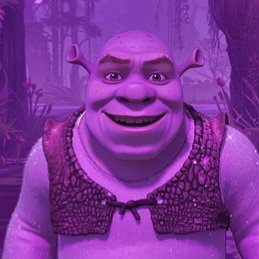 A 3D animated character resembling Shrek tinted in purple/pink hues, wearing a dark vest and smiling at the camera.
