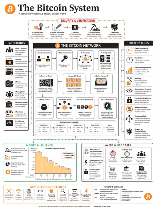 An infographic titled "The Bitcoin System" that visually explains how Bitcoin works, covering security & verification (cryptography, digital signatures, hashing, proof-of-work), the Bitcoin network process (creating/signing transactions, mining, blockchain validation), Bitcoin's rules (21M supply cap, 10-minute block time, halving), and key use cases for money, issuance, savings, and global payments. The image serves as a comprehensive educational overview that complements the post promoting a purchasable visual guide to understanding Bitcoin.