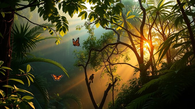 A vibrant digital illustration of a tropical jungle scene with sunlight filtering through dense foliage, featuring butterflies and a bird perched on a branch.