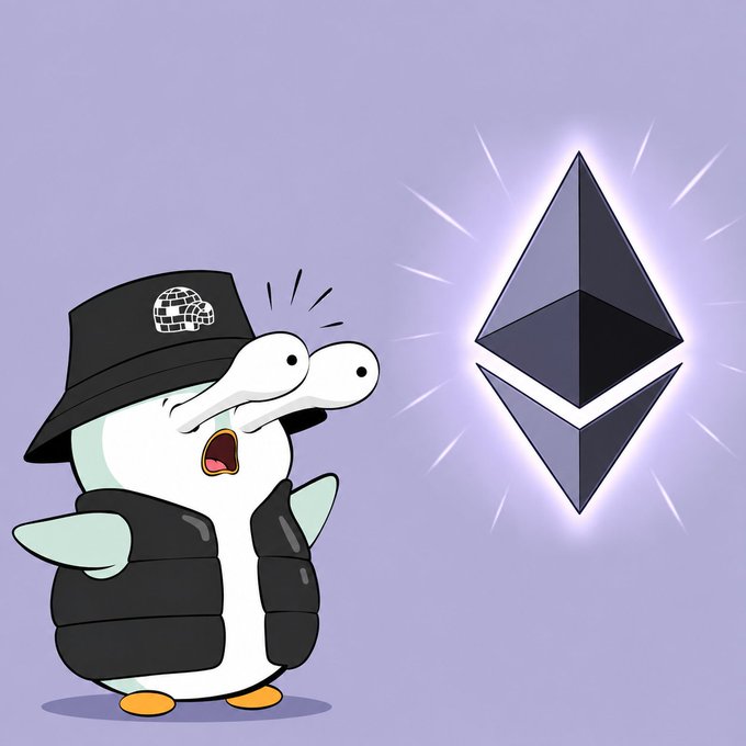 A cartoon illustration of a shocked-looking penguin wearing a black bucket hat with a globe logo and a black puffer vest, standing next to a glowing Ethereum (ETH) logo against a purple background.