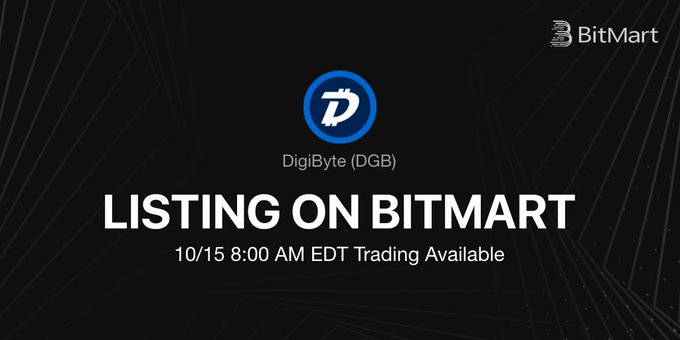 A BitMart announcement graphic announces the listing of DigiByte (DGB) available for trading on 10/15 at 8:00 AM EDT.