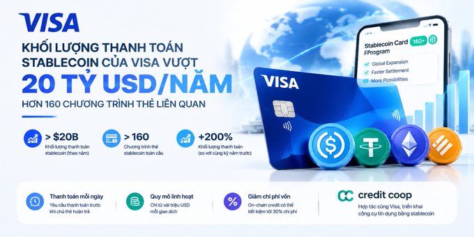 Vietnamese-language Visa promotional graphic highlighting over $20B in stablecoin settlement volume annually across more than 160 card programs, with a +200% growth in stablecoin settlement volume.