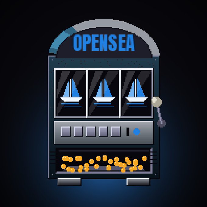 A pixel-art slot machine labeled "OPENSEA" features three reels displaying matching sailboat symbols, with golden pixelated coins spilling out of its dispenser tray—depicting the slot-machine concept tied to the Solana Machines NFT mint referenced in the post.