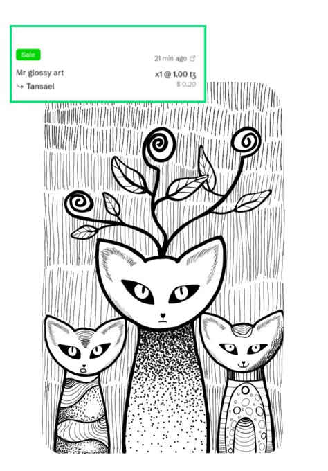 A digital NFT listing on Tansaet titled 'Mr glossy art' for x1 at 1.00 G (0.20), featuring a black-and-white illustration of three cats with spiral-patterned plants.