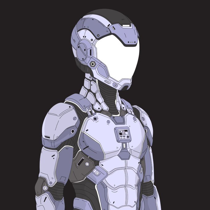 An illustration of a futuristic humanoid robot or mech suit in light purple and gray tones against a dark background. The figure has a sleek, featureless white visor and detailed mechanical paneling across the chest and arms.