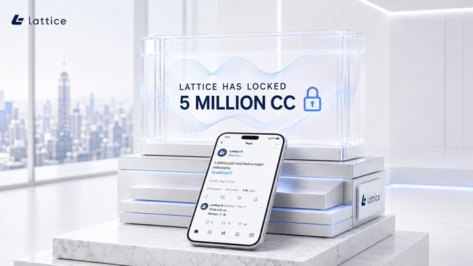 The image features a white phone with an Instagram photo of a white box that says "5,000,000 $CC locked" written on it. The phone's screen displays a message about Lattice, which is a company focused on making Canton assets usable across real financial workflows and strengthening its role within the @CantonNetwork ecosystem. The post also mentions that Canton is becoming more involved in the @Canton Network, emphasizing the importance of utilizing Canton's capabilities for financial management tasks.