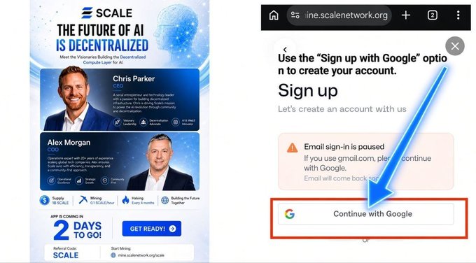 A promotional graphic for "Scale Network" advertises a new AI decentralized mining app with speakers Chris Parker (CEO) and Alex Morgan, while the right side shows the sign-up page at mine.scalenetwork.org highlighting the "Continue with Google" option to create an account using the referral code "aftab123" for the Pi Network-style mobile mining project.